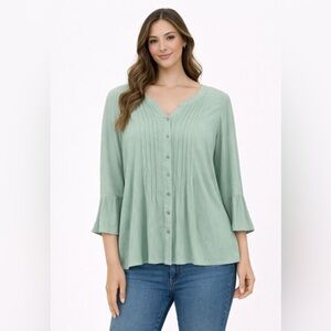 Green Pleated Button Down Blouse with Mandarin Collar Viscose 18